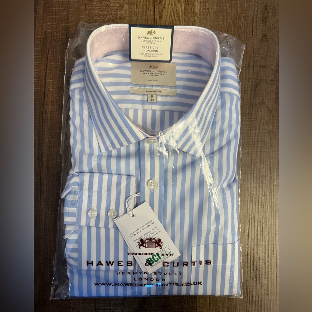 Brand-New Blue Striped Dress Shirt from Hawes & Curtis